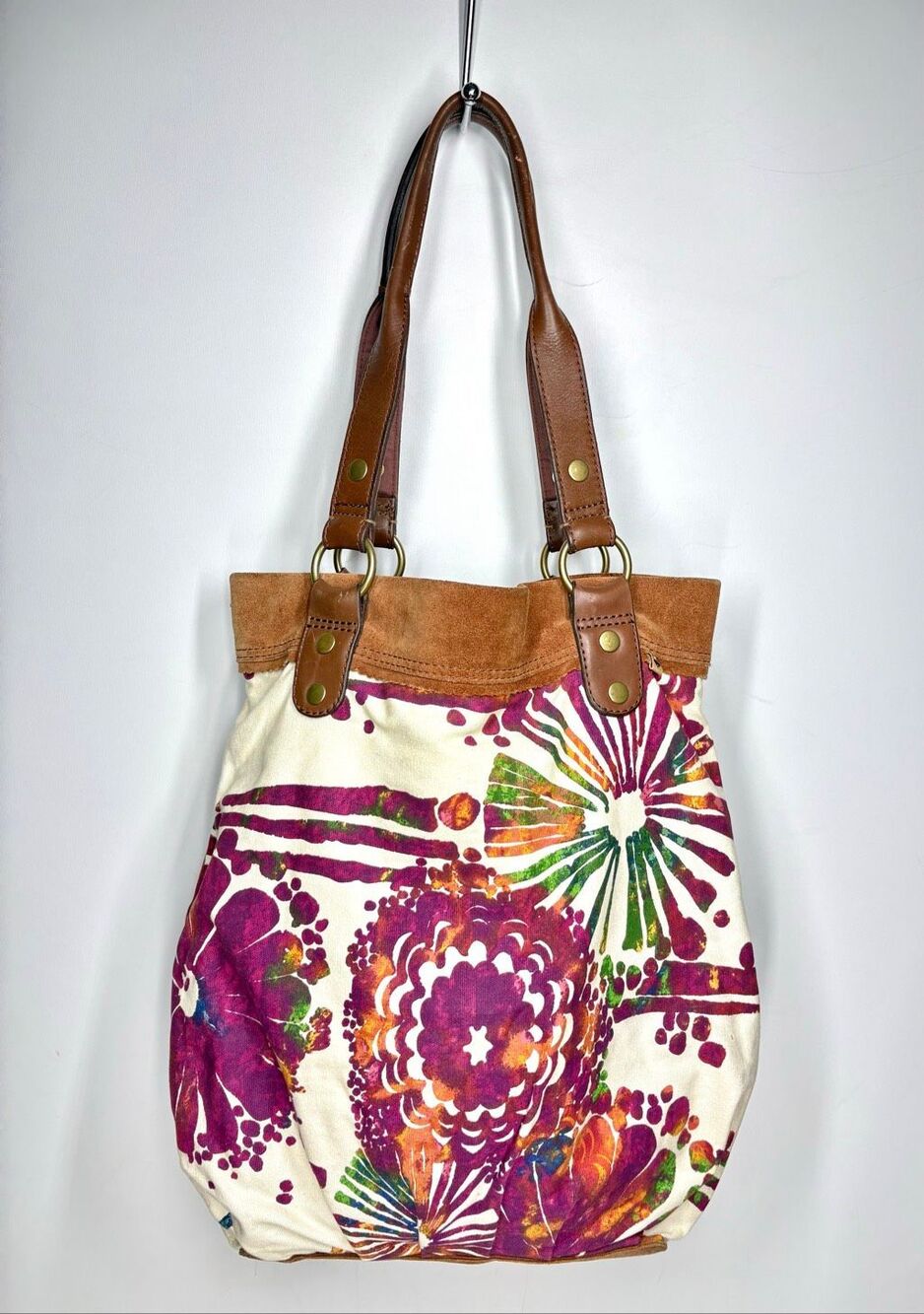 Lucky Brand Floral Canvas Suede Leather Shoulder Tote Bag Boho Hobo
